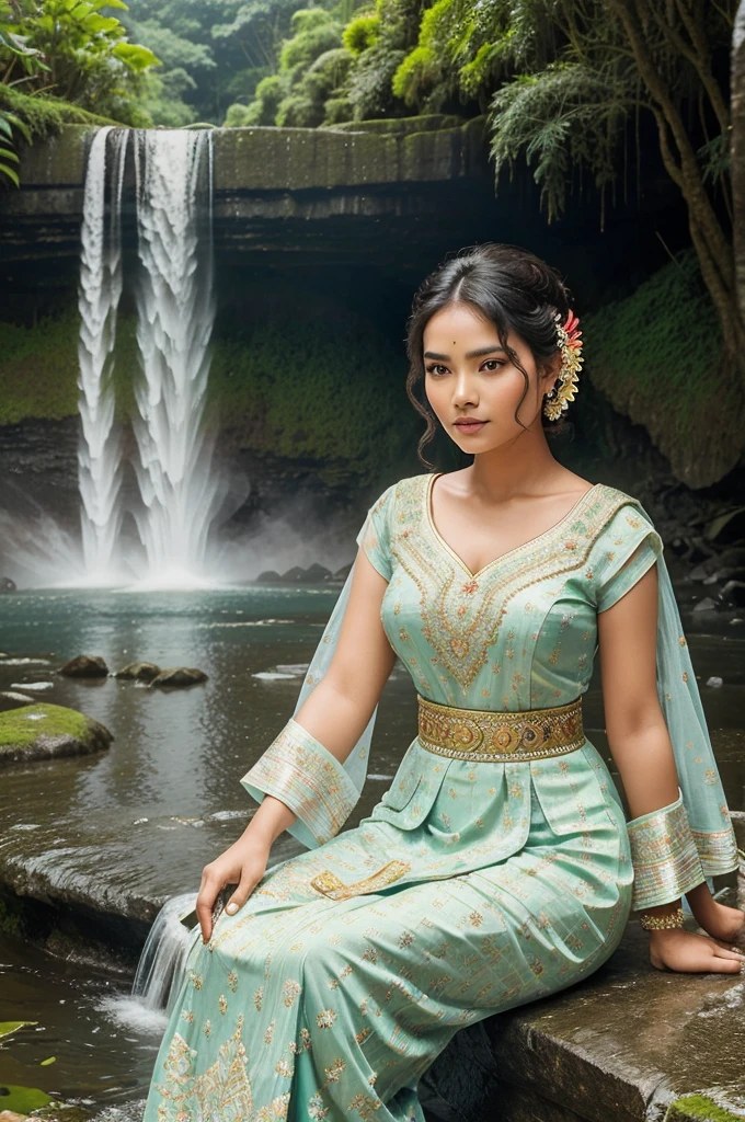 A captivating photograph of Kareng, a graceful woman with a round face and striking eyes, seated beside a breathtaking hill in Assam. She is attired in a vibrant traditional Tai ahom women garment, embellished with intricate designs and patterns that harmonize flawlessly with the lush green backdrop. Her hair is styled in an elegant, complex updo, adorned with traditional accessories. The waterfall's cascade creates a tranquil and spellbinding ambiance, with a rainbow amplifying the allure of the scene. The photo encapsulates the beauty of nature and cultural heritage in a single, enchanting image., photo