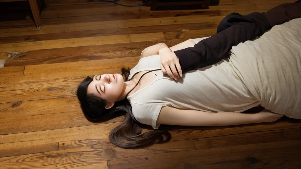 A person with long hair is lying face down, the back of his head is visible, his face is not visible, his smartphone is lying next to him, the floor is wooden, and he is looking down from above.