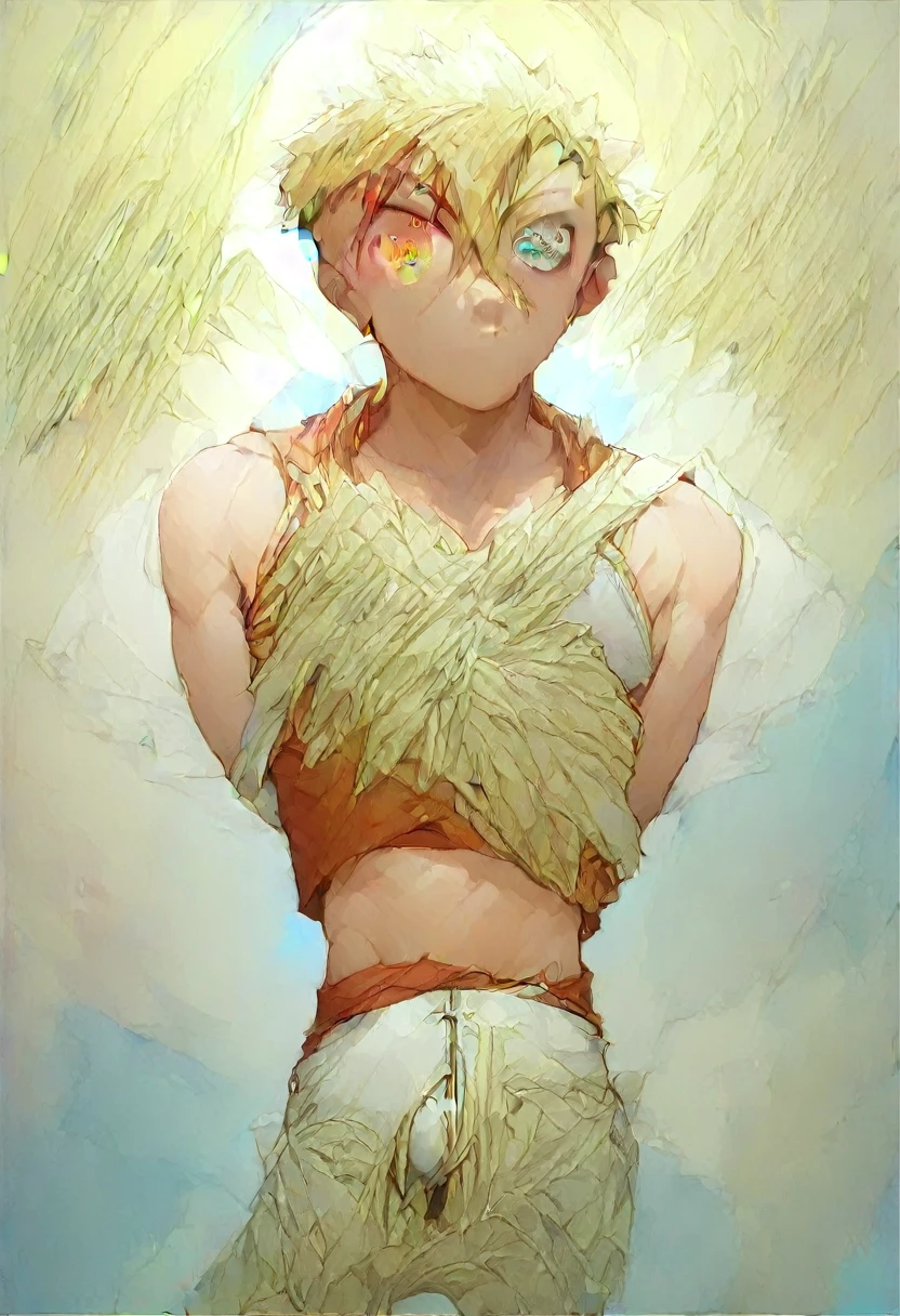 (One boy:1.4), (very short hair), Crew Cut, (alone:1.4), SFW, (bulge:0.4), Male characters, ((masterpiece)),
Multicolored background, Hair between the eyes, Eye highlights, (Blonde:1.4)
(Red Tank Top :1.1), (White Bikini Pants:1.2) , Colorful eyes,  Male characters, Male Focus,
Multiple details, null, Ocean, Beach , outside, short hair, good looking,  Beautiful Eyes (Vocaloid), Delicate features, Eye highlights, (Narrow jaw:1.5), Triangular chin, (Introvert:1.6)
, young(10 years old), juvenile, short hair, Male face, Detailed beautiful little boy, Adorable boy, Sparkling eyes,
Wicked Smile,  Cheerful eyes