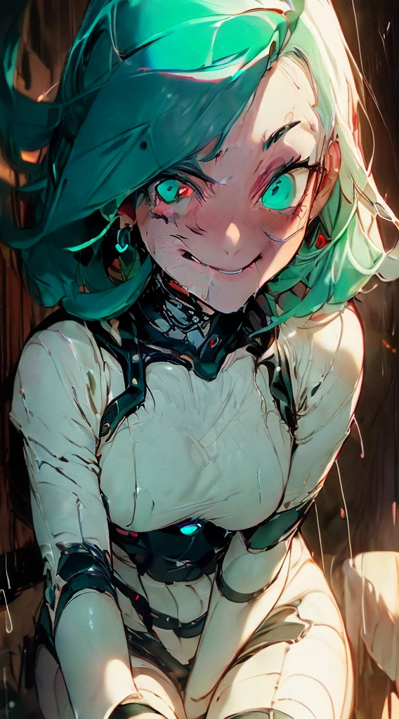 top-quality、Top image quality、masterpiece、Android Girl((sixteen years old,Body full of scars、Broken cybersuit glowing black, red and white、Blue energy source for the chest,Best Bust、Bust 90、Light blue shiny hair、Longhaire,Cyber Skirt、Blue-green eyes、open chest wide、Valley、Happiness、A slender、the whole body is wet、Fall to the floor、Kneeling))hiquality、Beautiful Art、Background with((Magical Night City、Very heavy rain))、masutepiece、Elaborate design、visualart、Theatrical films