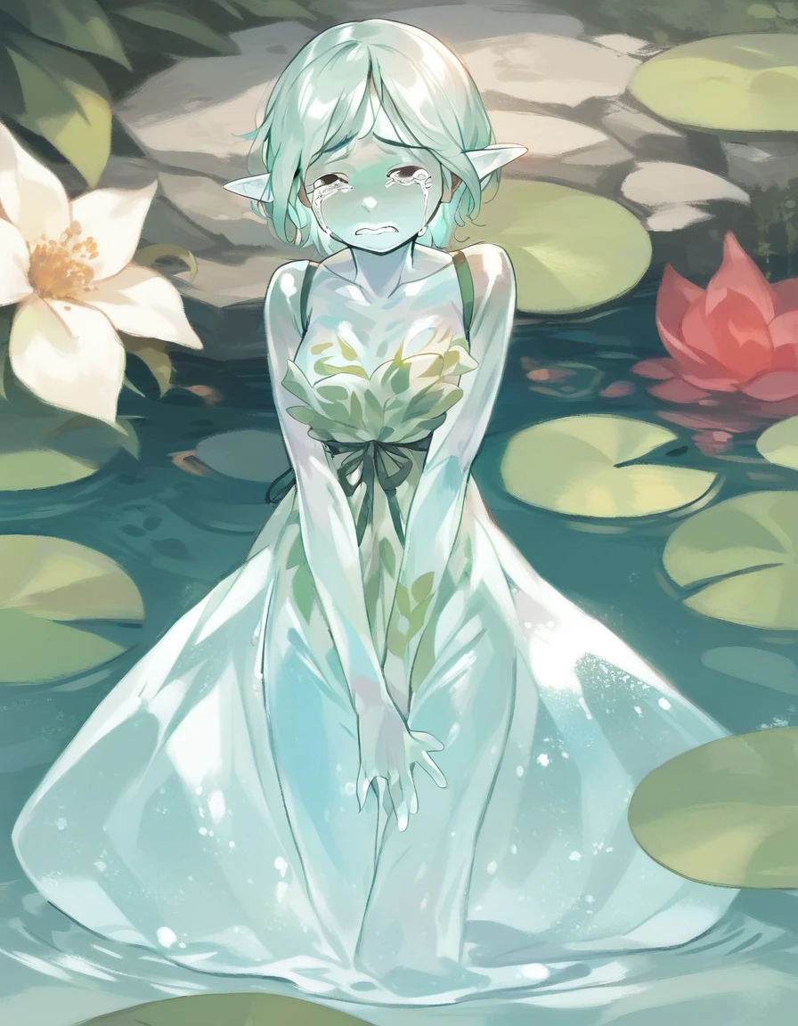 BREAK Perfect Anatomy、(High resolution:1.2)、Incredible illustrations、(Cute illustrations:1.2)、(Beautiful background.submerged room) (a girl, elf 1.5meters, 40kg),,20-year-old,)(despair:2.0,tears:2.5)(((transparent skin:1.7)DRESS,see-through dress:1.5) Water Fairy
