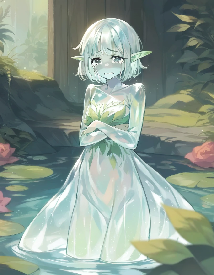 BREAK Perfect Anatomy、(High resolution:1.2)、Incredible illustrations、(Cute illustrations:1.2)、(Beautiful background.submerged room) (a girl, elf 1.5meters, 40kg),,20-year-old,)(despair:2.0,tears:2.5)(((transparent skin:1.7)DRESS,see-through dress:1.5) Water Fairy