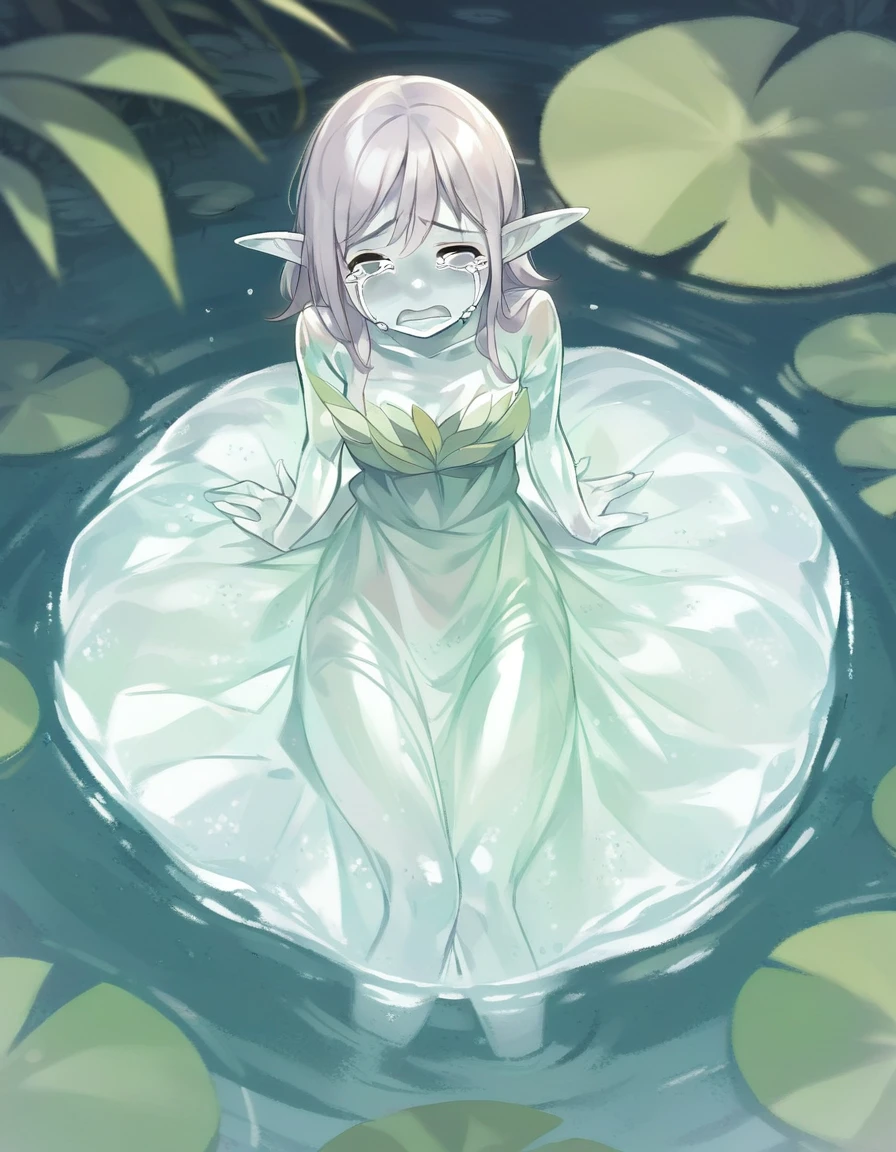 BREAK Perfect Anatomy、(High resolution:1.2)、Incredible illustrations、(Cute illustrations:1.2)、(Beautiful background.submerged room) (a girl, elf 1.5meters, 40kg),,20-year-old,)(despair:2.0,tears:2.5)(((transparent skin:1.7)DRESS,see-through dress:1.5) Water Fairy