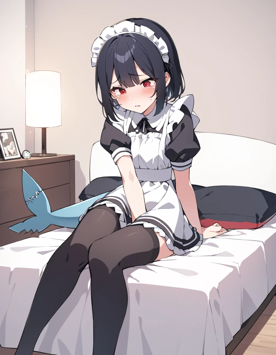 a red-eyed woman with short black hair, wearing a maid uniform, black stockings, shark tail,Sitting on the bed,I didn't wake up,Tears in the corners of my eyes,Bedside Table