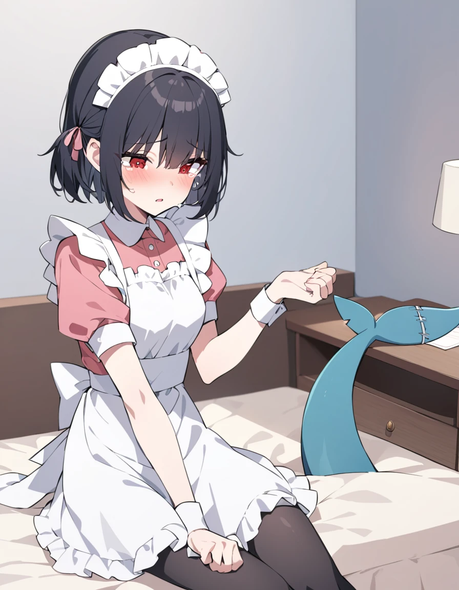 a red-eyed woman with short black hair, wearing a maid uniform, black stockings, shark tail,Sitting on the bed,I didn't wake up,Tears in the corners of my eyes,Bedside Table