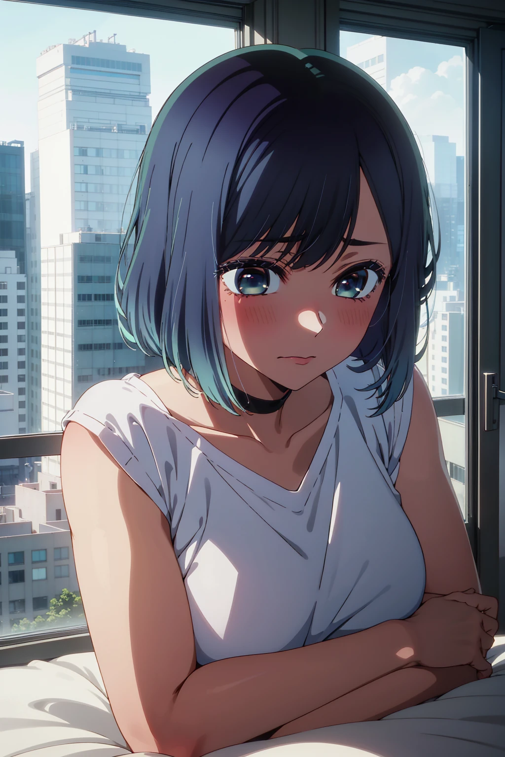 akane kurokawa,naked,rock,Blue Hair,naked,hot,sexy,beautiful,Perfect body,One Girl,big ,masterpiece,Perfect Face,Expressive Face,naked,night、Lying on a bed by the window in a high-rise building,Atmospheric lighting、Sad face