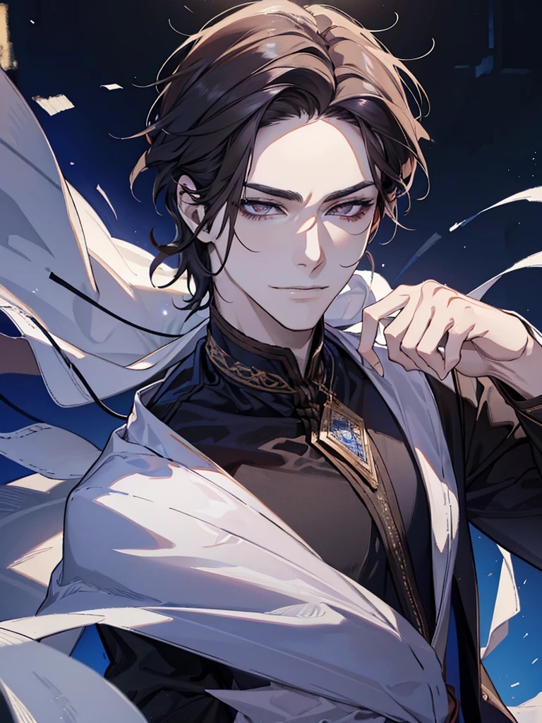 Young man, ancient Greek clothing, Cold Smile, dark brown hair, thin eyebrows, Sharp Eyes, Villain