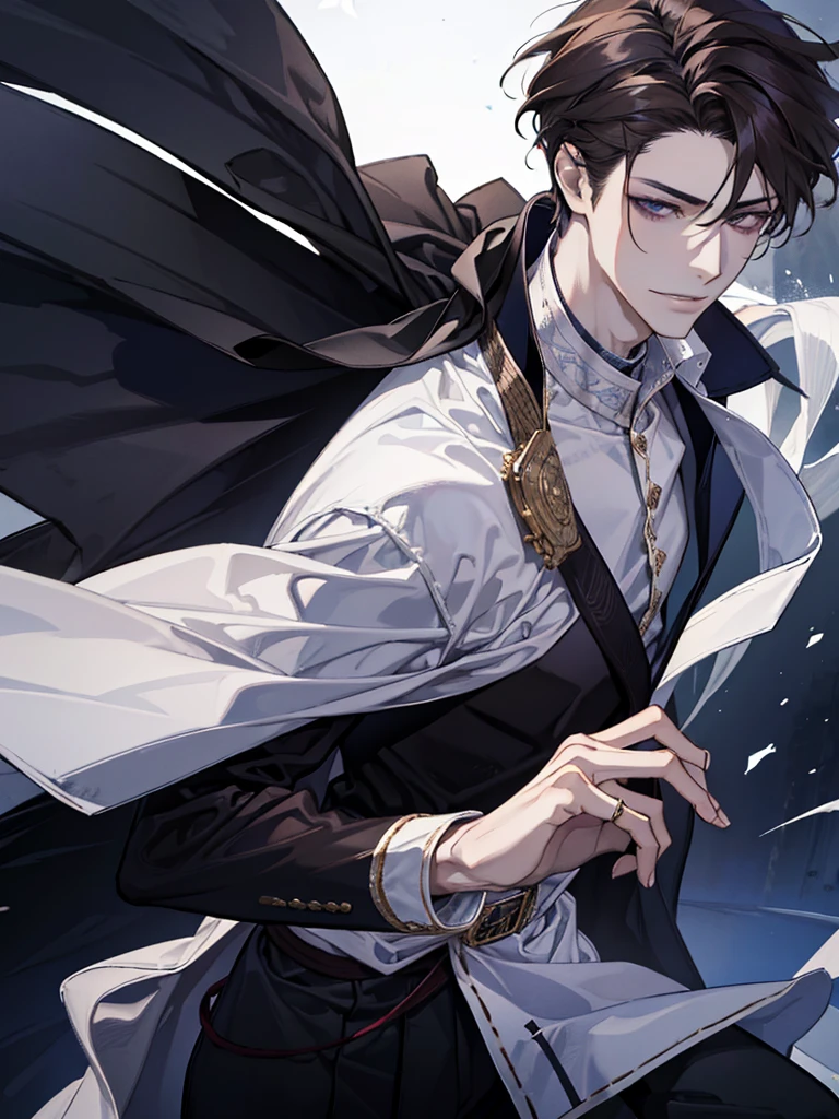 Young man, ancient Greek clothing, Cold Smile, dark brown hair, thin eyebrows, Sharp Eyes, Villain