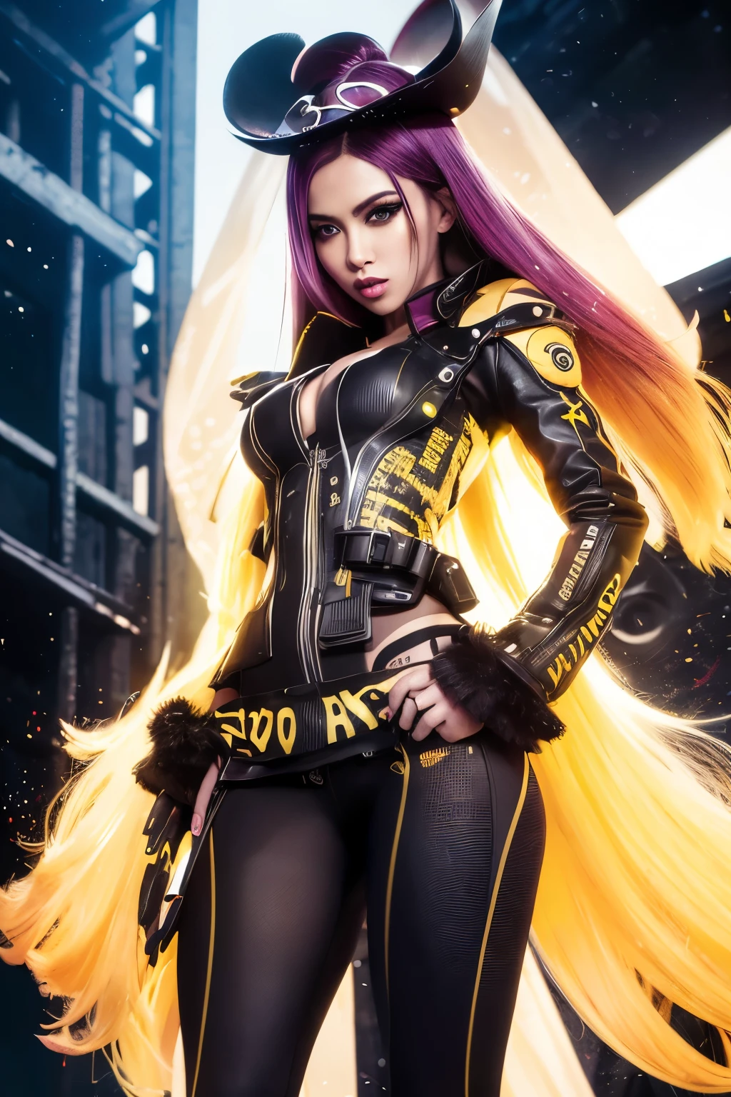 "A stunning digital artwork featuring a woman with a unique and eye-catching style. Her hair is a vibrant shade of yellow, complemented by bold black makeup. She wears a striking black and yellow dress, adorned with splatters of yellow paint that add a touch of creativity and intrigue to the piece. The dark and moody black background adds a sense of mystery and depth to the overall composition."
