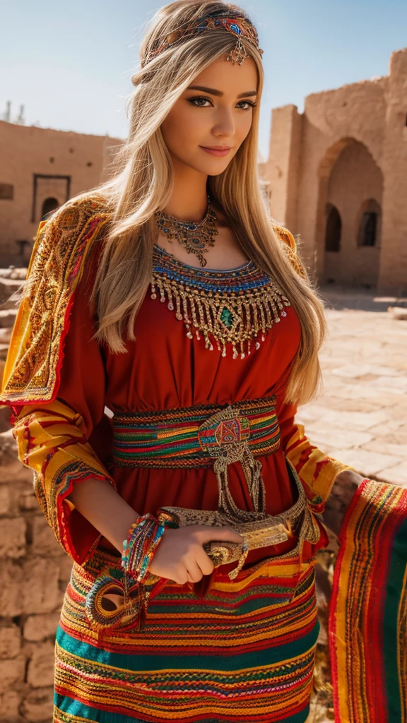 beautifull hot german blonde, robe kabyle, berber, amazigh dress, kabyledress, tizi ouzou, berber outfit, kabylegirl, bijoux, univercity background, realistic, 4k
