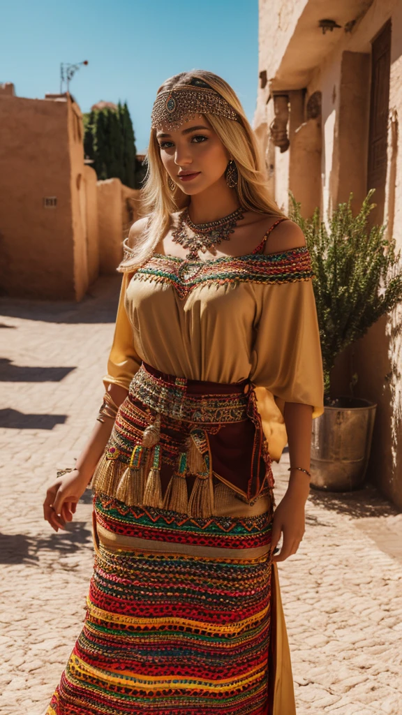 beautifull hot german blonde, robe kabyle, berber, amazigh dress, kabyledress, tizi ouzou, berber outfit, kabylegirl, bijoux, univercity background, realistic, 4k