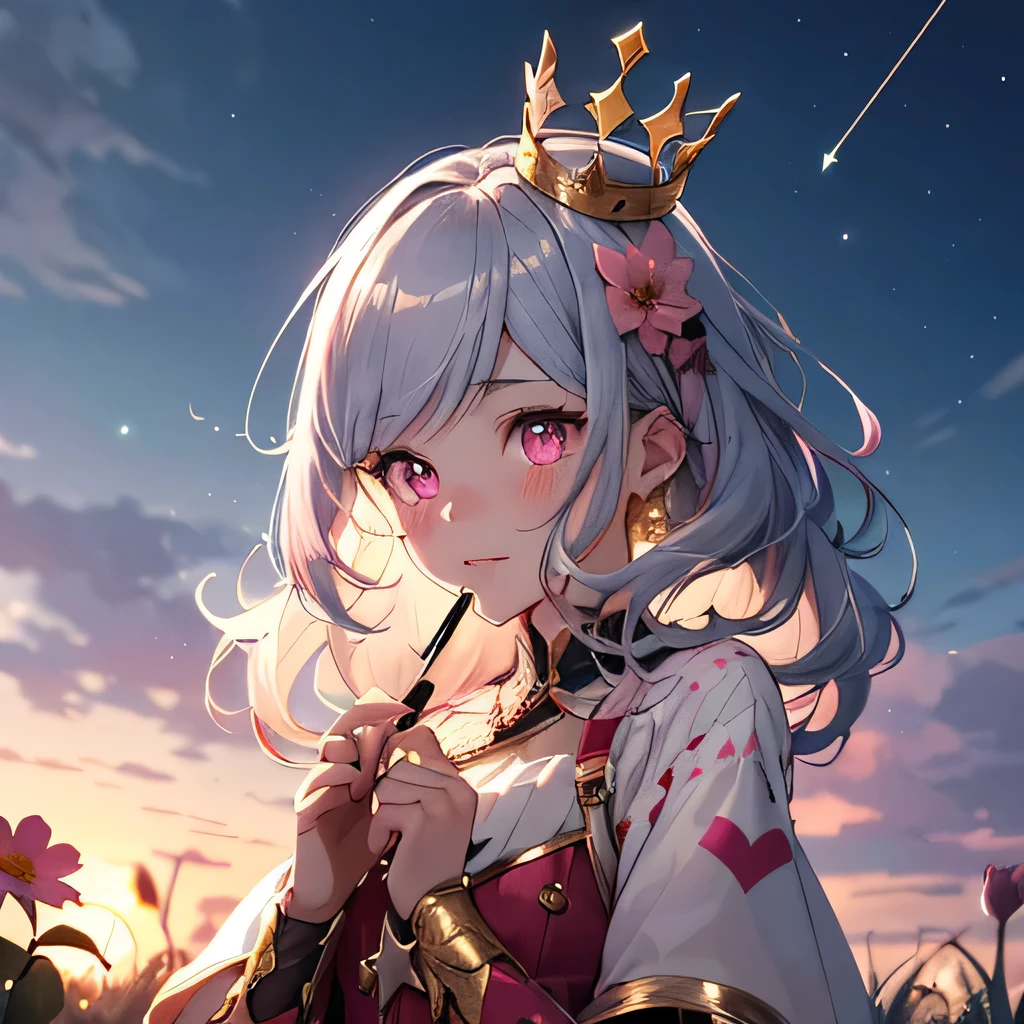 (((Best quality))), (((Ultra detailed))), 1 girl, ((((vivid)))),(((beautiful detailed hair, medium hair, silver pink hair, pink mesh))), (((pale pink eyes))), (((crown, small, pretty, gold))), ((wand, The tip of the wand is a heart, Heart is pink)), viewing from above:1, (blush), flower field, beautiful detailed flowers, colorful flowers, ((fireflies, sunshine, particles)), starrystarscloudcolorful