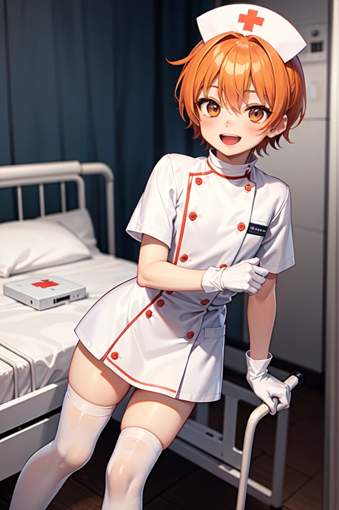 1boy, solo, male focus, nurse, white nurse cap, white nurse uniform, ((white legwear, zettai ryouiki)), white gloves, short hair, orange hair, smile, open mouth, standing, ((hospital room)), sharp outline, short sleeves, shota, 12 years old, best quality, masterpiece
