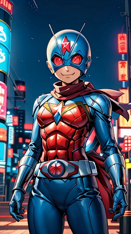 (8k),(masterpiece),(Japanese),(***************),((innocent look)),((Childish)),From the front,smile,cute,Innocent,Kind eyes,Flat chest,blue helmet,red domino mask,Wonder Woman,bald,no Hair,Strong wind,night,dark, Neon light cyberpunk city,Kamen rider, superhero,Ringo! style,camisa,scarf 