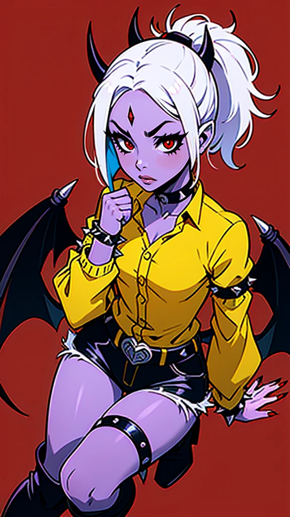 trixie colette, 1girl, solo, demon girl, (colored skin, red skin, red eyes, colored sclera, yellow sclera, ponytail:1.3), short hair, white hair, hair over one eye, demon tail, demon horns, demon wings, hairband, choker, shirt, spikes, arm belt, (spiked bracelet, long sleeves, sleeves past fingers, sleeves past wrists:1.2), shorts, boots, knee boots,black boots, 