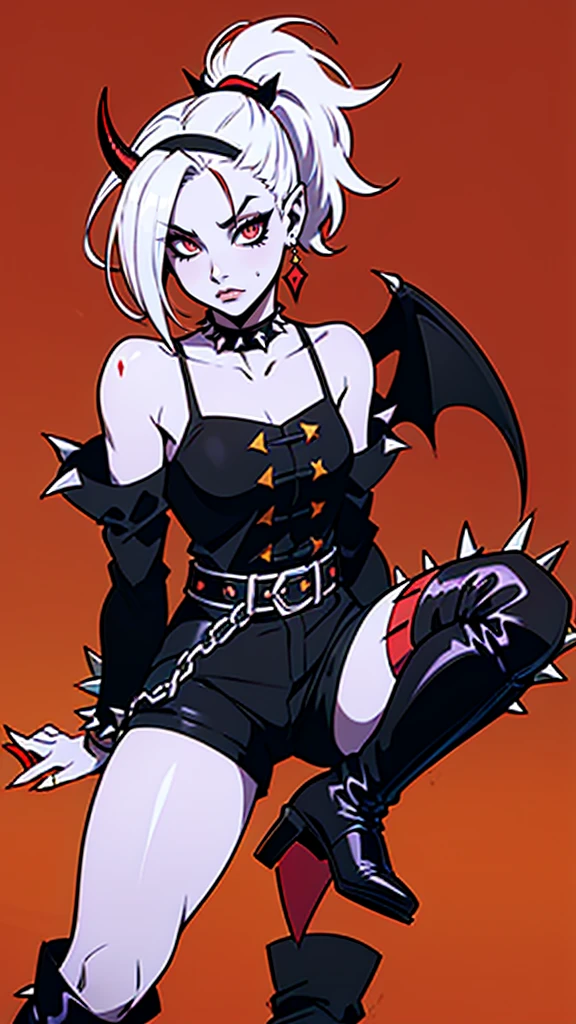 trixie colette, 1girl, solo, demon girl, (colored skin, red skin, red eyes, colored sclera, yellow sclera, ponytail:1.3), short hair, white hair, hair over one eye, demon tail, demon horns, demon wings, hairband, choker, shirt, spikes, arm belt, (spiked bracelet, long sleeves, sleeves past fingers, sleeves past wrists:1.2), shorts, boots, knee boots,black boots, 