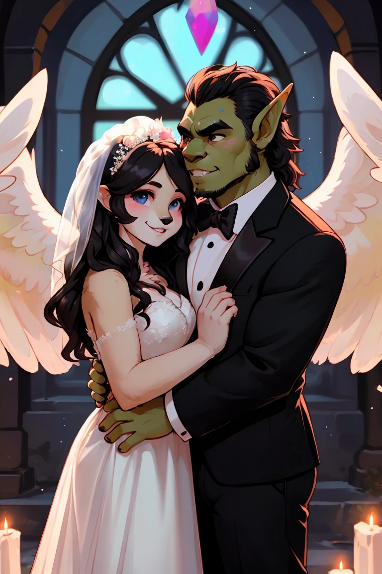 Top quality, super fine illustrations(association, Colorful stained glass，sparkling, kaleidoscope, The wedding aisle was lined with jewel-like lights)(Very detailed and beautiful faces, Very detailed and beautiful eyes, Eyes full of lively brilliance)absurd, Perfect anatomical structure(Angel-like cute 1girl, Beast field, Angelic handsome 1boy, couple)(Happy newlyweds, Husband in a Tuxedo, Male orc in wedding dress, Husband hugging wife&#39;s shoulders, 两个人互相凝视并Smile, Wedding Photos, A beautiful bouquet of flowers, A ring flashes on the ring finger)(Furry personification:1.7)(Hairy body, Animal facial features, Physical characteristics of animals)(Very fine fur)whole body, Smile, kiss (Dynamic poses),