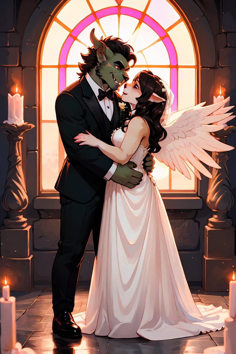 Top quality, super fine illustrations(association, Colorful stained glass，sparkling, kaleidoscope, The wedding aisle was lined with jewel-like lights)(Very detailed and beautiful faces, Very detailed and beautiful eyes, Eyes full of lively brilliance)absurd, Perfect anatomical structure(Angel-like cute 1girl, Beast field, Angelic handsome 1boy, couple)(Happy newlyweds, Husband in a Tuxedo, Male orc in wedding dress, Husband hugging wife&#39;s shoulders, 两个人互相凝视并Smile, Wedding Photos, A beautiful bouquet of flowers, A ring flashes on the ring finger)(Furry personification:1.7)(Hairy body, Animal facial features, Physical characteristics of animals)(Very fine fur)whole body, Smile, kiss (Dynamic poses),