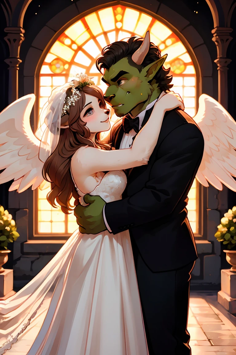 Top quality, super fine illustrations(association, Colorful stained glass，sparkling, kaleidoscope, The wedding aisle was lined with jewel-like lights)(Very detailed and beautiful faces, Very detailed and beautiful eyes, Eyes full of lively brilliance)absurd, Perfect anatomical structure(Angel-like cute 1girl, Beast field, Angelic handsome 1boy, couple)(Happy newlyweds, Husband in a Tuxedo, Male orc in wedding dress, Husband hugging wife&#39;s shoulders, 两个人互相凝视并Smile, Wedding Photos, A beautiful bouquet of flowers, A ring flashes on the ring finger)(Furry personification:1.7)(Hairy body, Animal facial features, Physical characteristics of animals)(Very fine fur)whole body, Smile, kiss (Dynamic poses),