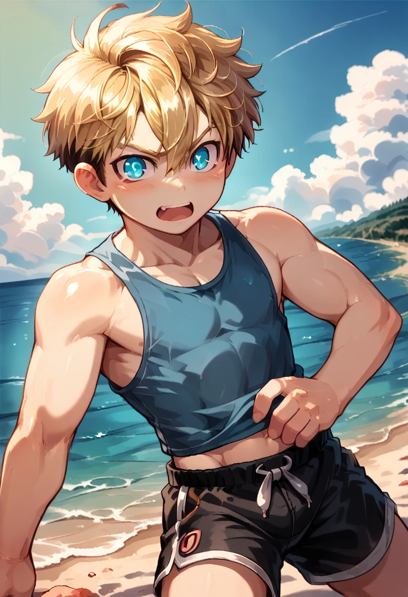 (One boy:1.4), (very short hair), Crew Cut, (alone:1.4), SFW, (bulge:0.4), Male characters, ((masterpiece)),
Multicolored background, Hair between the eyes, Eye highlights, (Blonde:1.4)
(Blue Tank Top :1.1), (Shorts:1.2) , Colorful eyes,  Male characters, Male Focus,
Multiple details, null, Ocean, Beach , outside, short hair, cute,  Beautiful Eyes (Vocaloid), Delicate features, Eye highlights, (Narrow jaw:1.5), Triangular chin, (Introvert:1.6)
, young,10 years old, juvenile, Long Hair, Male face, Detailed beautiful little boy, Adorable boy, Sparkling eyes,
Wicked Smile,  Cheerful eyes