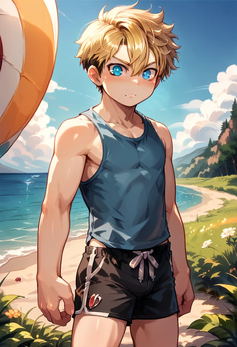 (One boy:1.4), (very short hair), Crew Cut, (alone:1.4), SFW, (bulge:0.4), Male characters, ((masterpiece)),
Multicolored background, Hair between the eyes, Eye highlights, (Blonde:1.4)
(Blue Tank Top :1.1), (Shorts:1.2) , Colorful eyes,  Male characters, Male Focus,
Multiple details, null, Ocean, Beach , outside, short hair, cute,  Beautiful Eyes (Vocaloid), Delicate features, Eye highlights, (Narrow jaw:1.5), Triangular chin, (Introvert:1.6)
, young,10 years old, juvenile, Long Hair, Male face, Detailed beautiful **********, Adorable boy, Sparkling eyes,
Wicked Smile,  Cheerful eyes