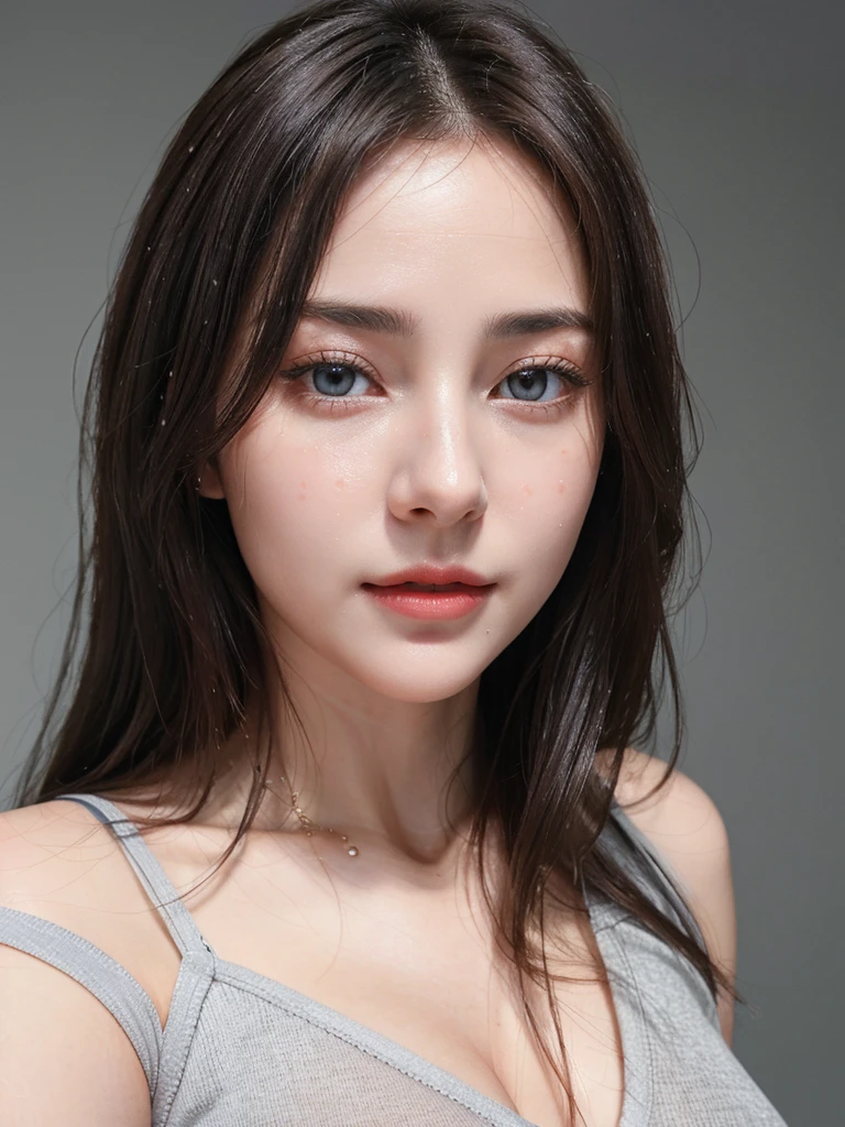 8K UHD、RAWphotograph、Model photo shoot、 European race、(masterpiece、highest quality、Photorealistic、High resolution、photograph:1.3)、Close-up、Focusing、Hot Model、slim、30 year old mature woman、Small face、Short Hair、Dark Brown Haine beautiful eyes、Real Skin、(perfect body)、Sexy hot face、Erotic、Sexual gaze、slim、Sweat top、Detailed beautiful eyes、Glossy lips、Small breasts、、Bust B cup、((Bright light、Dynamic lighting、Real、超Real、 Realism、Realistic details、Cool beauty、Cool pose、Background gray、Plain grey background