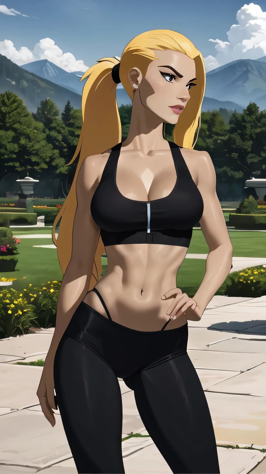 (cowboy shot), (masterpiece, best_quality, ultra-detailed, immaculate:1.3), epic, illustration,
BREAK
ArtemisYJ, ponytail,super long hair,
(Black sports bra),leggings,cleavage medium breast 
BREAK
(courtyard, garden, outdoors, gorgeous view)