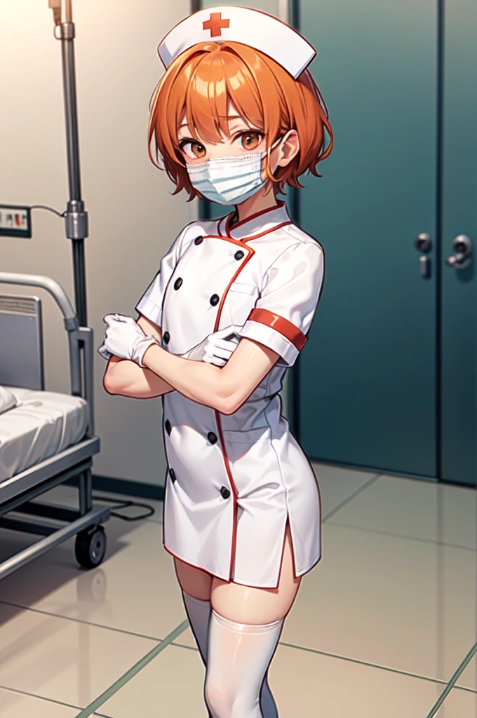 1boy, solo, male focus, nurse, white nurse cap, white nurse uniform, ((white legwear, zettai ryouiki)), white gloves, short hair, orange hair, ((white surgical mask, covered nose)), standing, ((hospital room)), sharp outline, short sleeves, shota, , best quality, masterpiece