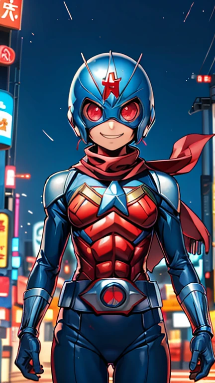 (8k),(masterpiece),(Japanese),(***************),((innocent look)),((Childish)),From the front,smile,cute,Innocent,Kind eyes,Flat chest,blue helmet,red domino mask,Wonder Woman,bald,no Hair,Strong wind,night,dark, Neon light cyberpunk city,Kamen rider, superhero,Ringo! style,camisa,scarf 