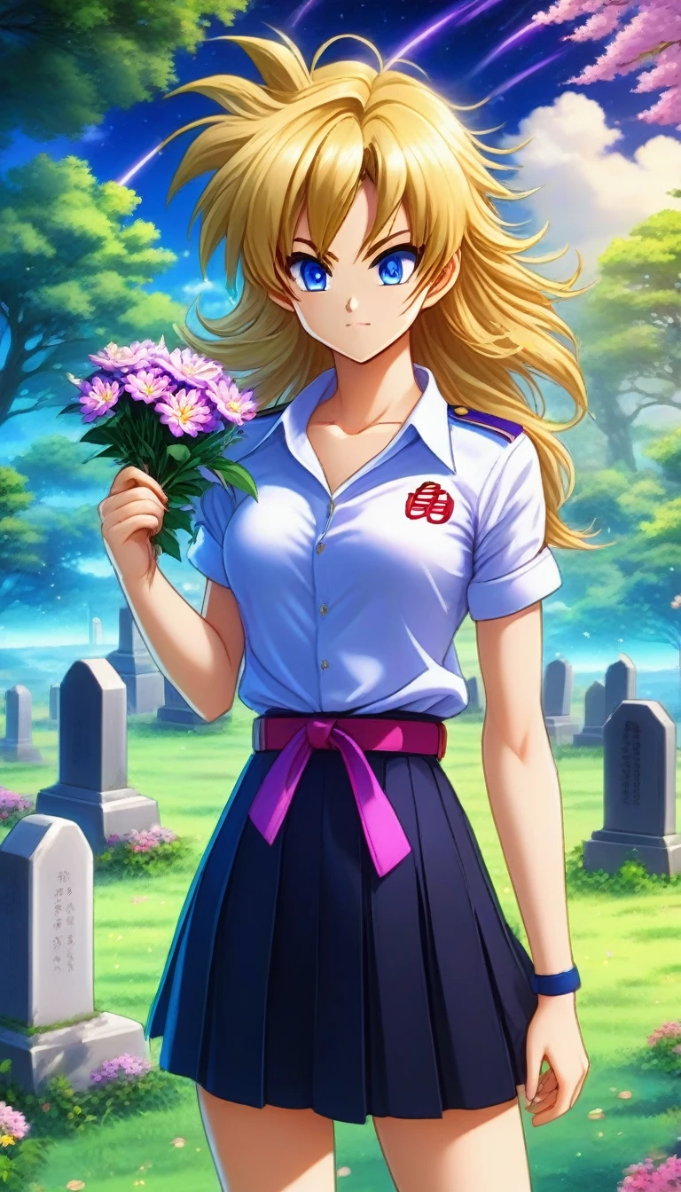 anime artwork yamcha . anime style, ((masterpiece)), (best quality), official art, extremely detailed CG, unity 8k wallpaper, ultra detailed, highly detailed,  
1girl, (mathayom uniform), white shirt, short sleeves, (black pleated long skirt) , belt,miniskirt,  sad, blonde hair, long hair, blue eyes, 
looking at a tombstone, holding flowers, 
EdobGraveyardEngland cemetery, (night:1.4), shooting stars, dark night, petal, floating hair, wind, ghost, A grave where it says akira toriyama 1955-2024