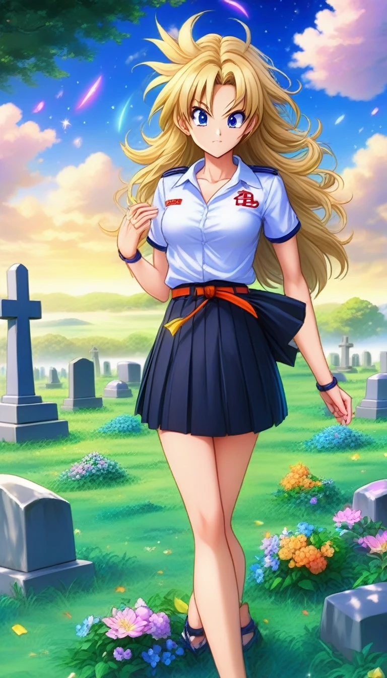 anime artwork yamcha . anime style, ((masterpiece)), (best quality), official art, extremely detailed CG, unity 8k wallpaper, ultra detailed, highly detailed,  
1girl, (mathayom uniform), white shirt, short sleeves, (black pleated long skirt) , belt,miniskirt,  sad, blonde hair, long hair, blue eyes, 
looking at a tombstone, holding flowers, 
EdobGraveyardEngland cemetery, (night:1.4), shooting stars, dark night, petal, floating hair, wind, ghost, A grave where it says akira toriyama 1955-2024