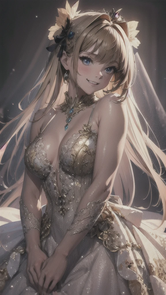 Delicate features, Crazy Smile, Vermilion-tinted cheeks, Blonde Hair, Princess Cut, Ribbon hair ornament, brooch, Shiny candy blue dress, Gold embroidery,ta Style, Gothic style, Facing the audience, Otaku Room, Well-built body, Nice body, Ample breasts, Fleshy body,