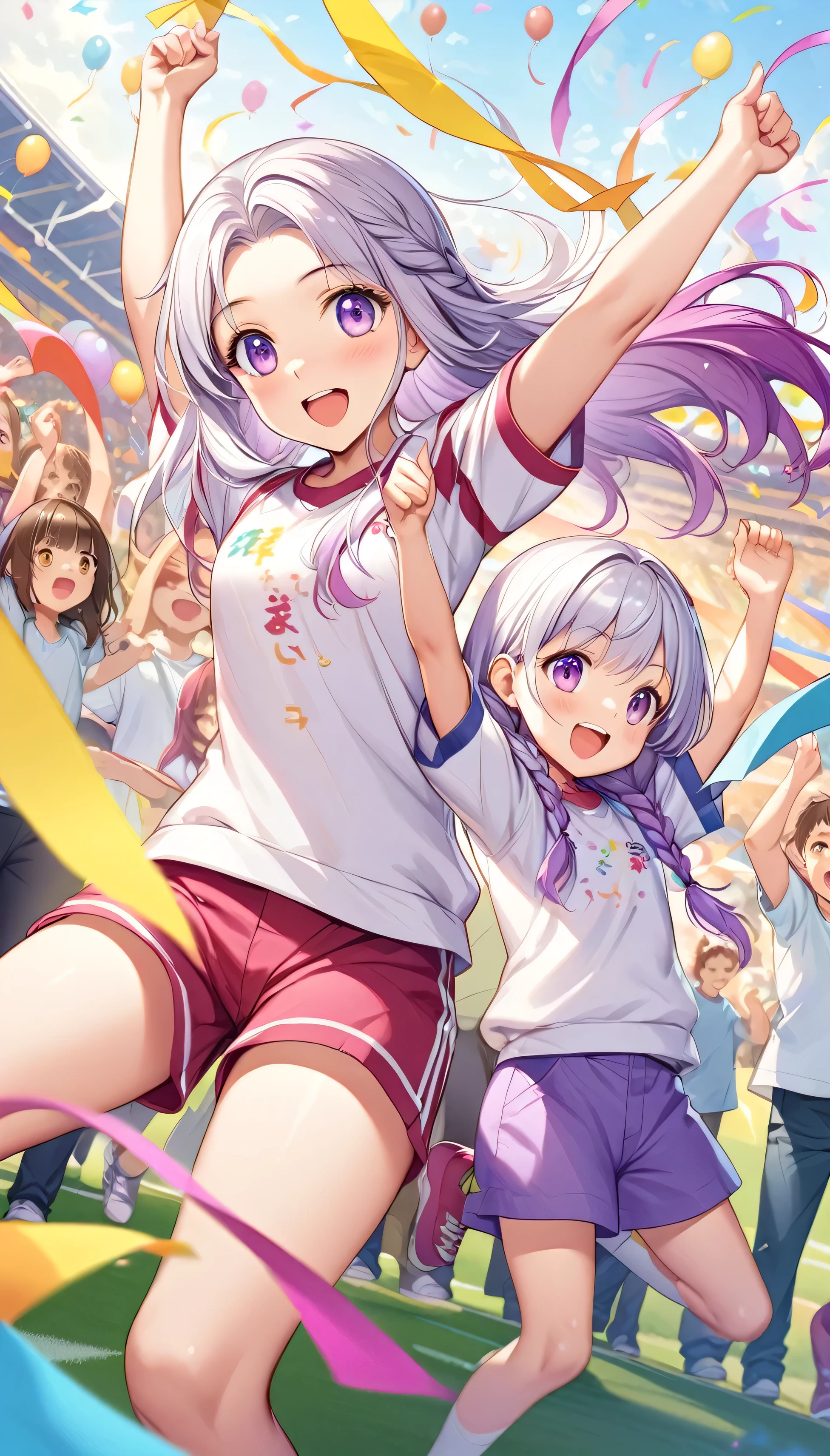 (Children's Day illustration), Two kids in casual sportswear cheering with hands raised on football field, yinji, Purple Hair, Purple Eyes, Long hair, White hair, Double braid, Gradient hair, Bright and warm, There are streamers and balloons everywhere., Crowd cheering. Characters make up only a small part of the picture.