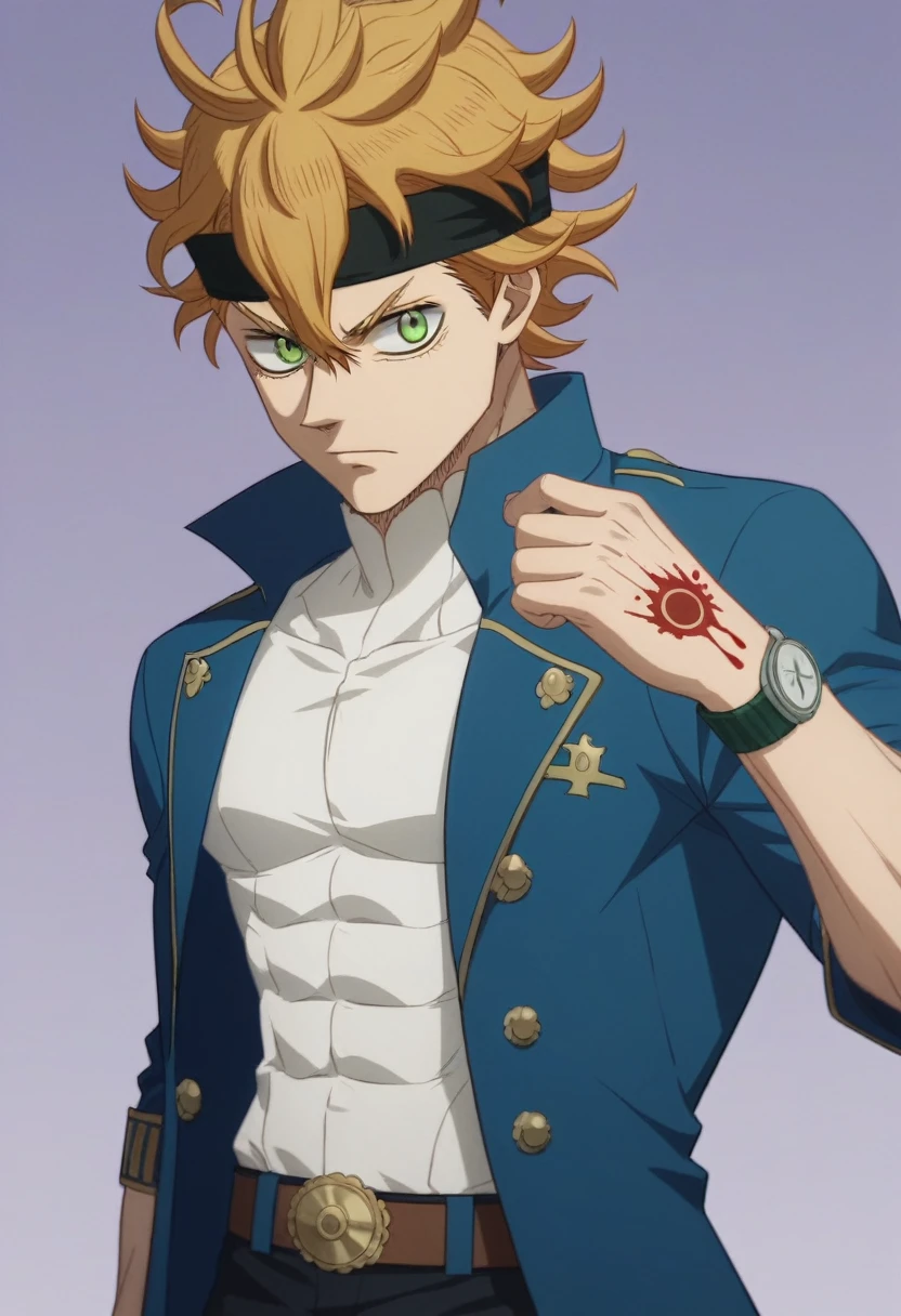 A 19 year old boy, To stay (black clover), spiky hair, cream hair, messy hair, hair between eyes, green eyes, black headband, thin arms, upset expression, Un chaleco blue suit with fine stripes, Una camisa de vestir azul claro con las mangas remangadas hTo stay los codos, Pants matching the vest, blue suit with fine stripes, He wears a watch on his left wrist, You can see many tattoos on the forearms, elegant and casual clothing, epic hike, blood on more hands, alone, purple background