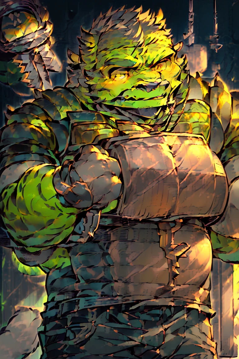 (Cat Orc:2.0),(Gray fur:2.0),(Golden Eyes:1.7),(Shota:1.9),(male:1.8),(arms:In the right hand is a huge gear-shaped key.:2.0),(The key is inlaid with an emerald gem that glows green.:1.2),(Abdominal muscles:1.4),(Crows fly:0.6),(casual pants:1.6),(earrings:1.6),(rivet:1.7),Ambient Light,Side Light,