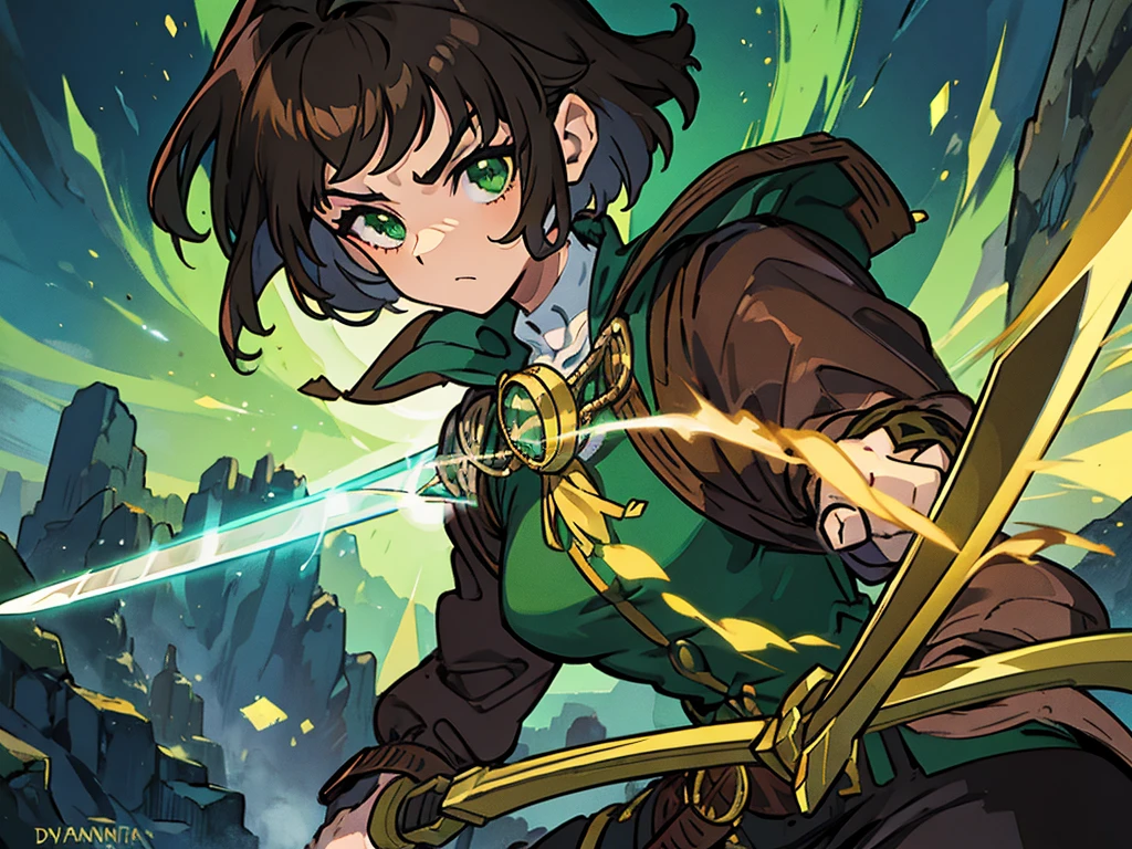 Adventurer man, black Marquis jacket, short & bright brown hair, emerald green eyes, warrior-like eyes, skilled duelist, photo-realistic portrait, intricate details, dramatic lighting, cinematic composition, fantasy adventure, highly detailed, vibrant colors, masterpiece, using a flintlock & a sword