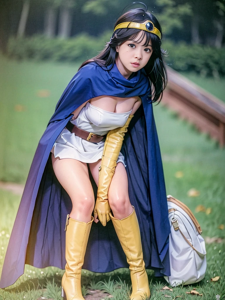 sage_(dq3), 1girl, 
(the vast grasslands), 
(squatting), (spread legs), 
long hair, blue hair, normal breast, cleavage, bare shoulders, 
circlet, (yellow gloves:1.6), (white dress:1.6), (belt_bag:1.6), (cape:1.6), (knee-high boots:1.6), 
(holding a wooden long staff), 
(cowboy shot), 
(nipple), (white panties), 
detail face, (photorealistic:1.4), ultra high res, best quality, ((detailed facial features)), 8k resolution,
