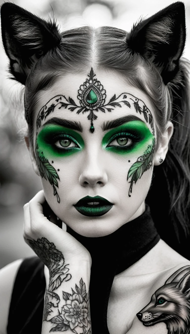 ((Monochrome, monochromeXL:1.4), Photo noire et vert), Sublime femme 30ans avec deux très longues queues de cheval de chaque côté, double queues de cheval, double twin ponytails, twin tails,(sur le bras un sublime tatouage représente un renard avec deux queues, renard avec deux queues), Lèvres détaillées, Yeux détaillés, regard intense, cils détaillés, visage détaillé, long cheveux vert foncé, visage de séduction, ((maquillage vert)), ((((sur le bras un tatouage fin représentant un renard à deux queues )))), photo du milieu du corps, ((porte un costume)),(( photo noir et blanc et vert, only black and white and green photo)), (((photo noir et blanc et vert, only black and white and dark green photo, le maquillage et les cheveux, b/w, B&W,long twin ponytails)))
