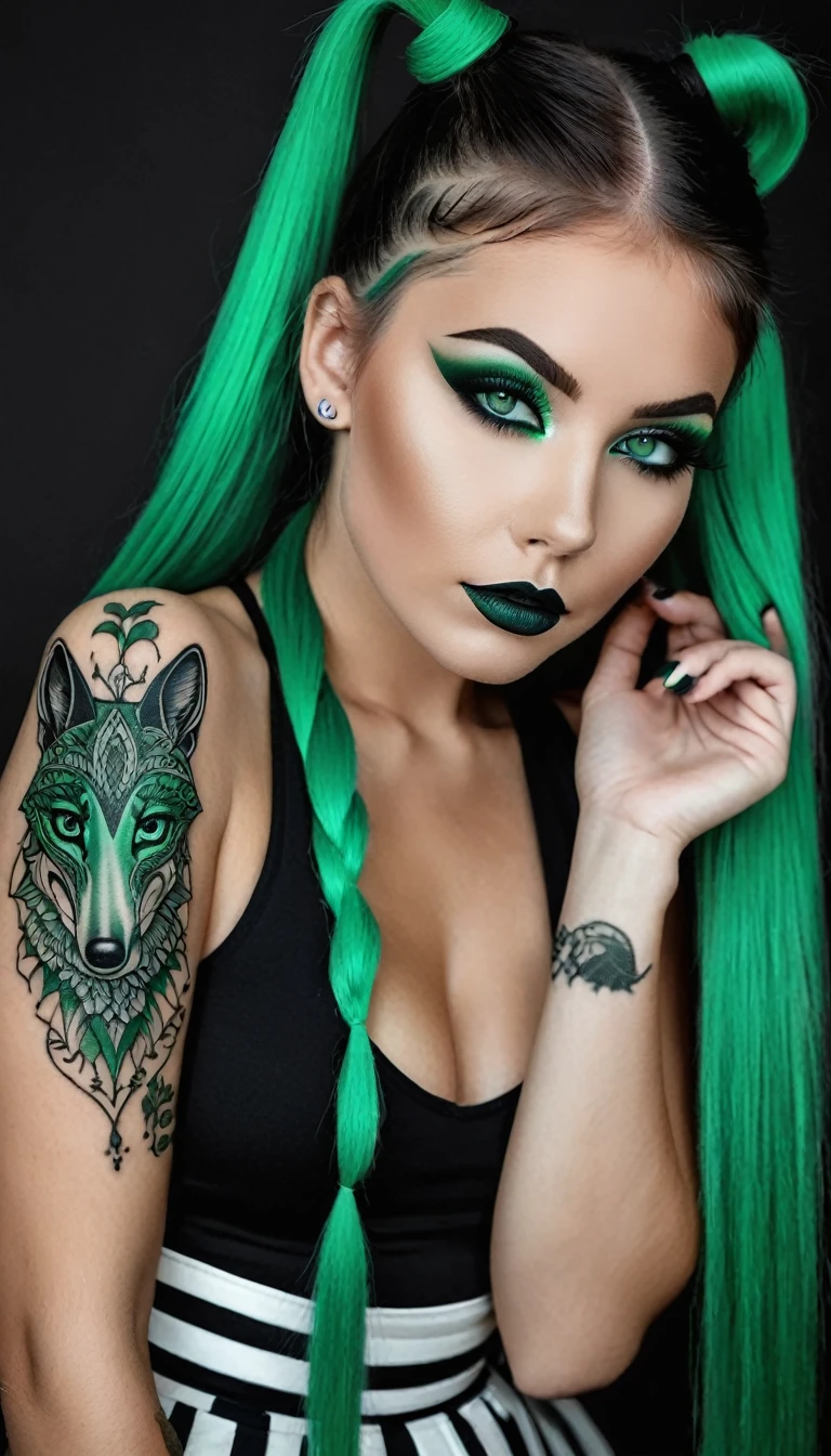 ((Monochrome, monochromeXL:1.4), Photo noire et vert), Sublime femme 30ans avec deux très longues queues de cheval de chaque côté, double queues de cheval, double twin ponytails, twin tails,(sur le bras un sublime tatouage représente un animal fantastique ayant deux queues), Lèvres détaillées, Yeux détaillés, regard intense, cils détaillés, visage détaillé, long cheveux vert foncé, visage de séduction, ((maquillage vert)), ((((sur le bras un tatouage fin représentant un animal fantastique avec deux queues : 1.5 )))), photo du milieu du corps, ((porte un costume)),(( photo noir et blanc et vert, only black and white and green photo)), (((photo noir et blanc et vert, only black and white and dark green photo, le maquillage et les cheveux, b/w, B&W,long twin ponytails)))