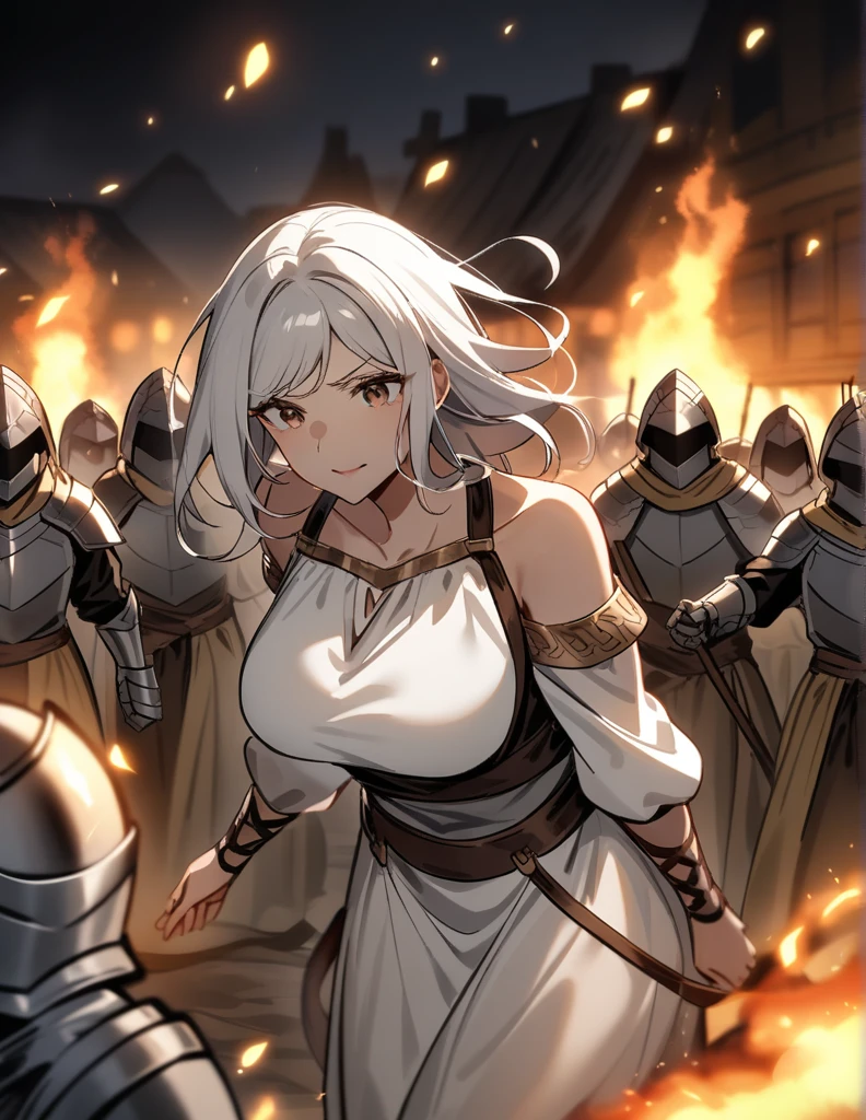 milf Greek woman with white hair, brown eyes, wearing peasant clothes, being captured by knights wearing shiny silver armor, in a burning village