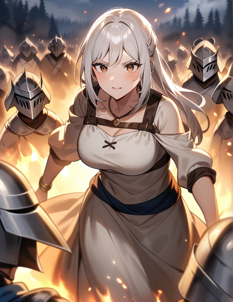 milf Greek woman with white hair, brown eyes, wearing peasant clothes, being captured by knights wearing shiny silver armor, in a burning village