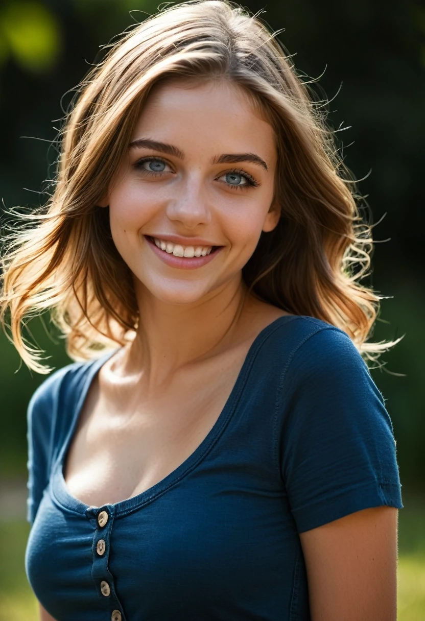 core_9, score_8_up, score_7_up, score_6_up, beautiful woman,cute face,shy,laughing out loud,extreme ultra detailed perfect eyes,dark and deep blue eyes,teeth,20yo,nose blush,big breast,eyes contact,Wearing tight casual short sleeves and jeans paint,outdoor,in park,(head tilted),RAW photo,realistic,volumetric lighting, depth of field,cinematic,full body,full-body shot,
