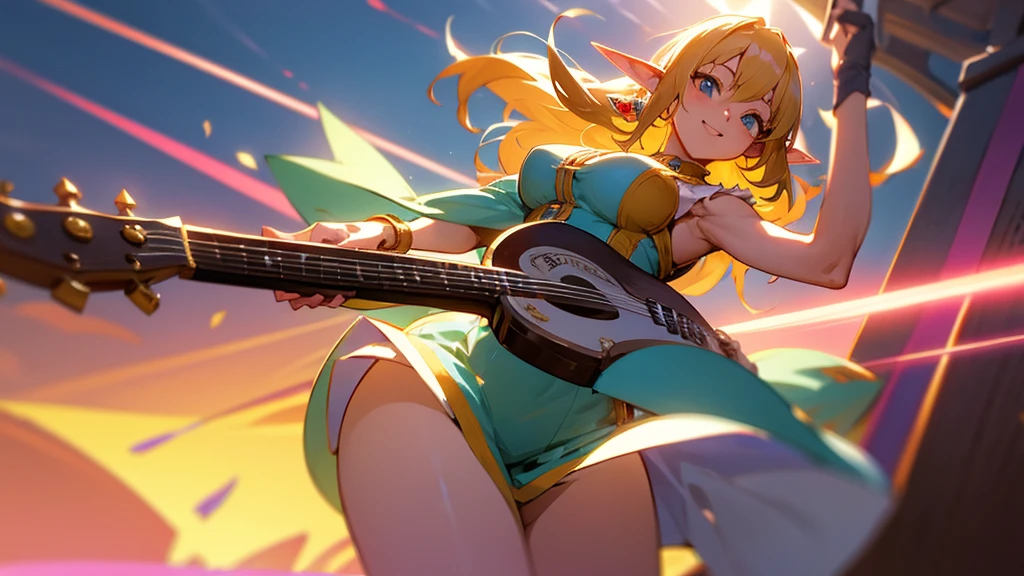 Anime Style,Nostalgic,Detailed background,Magical World,A lively bar with lots of people,Smiling bard beautiful elf girl,guitar,Large Breasts,Healthy thighs,Underarm