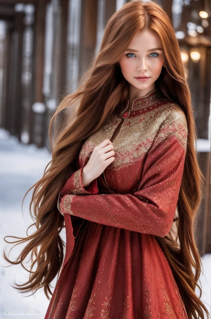 A gorgeous, pretty, shiny, kind-hearted, warm-hearted, sweet, polite, sensitive, friendly, charming, graceful, stylish, classy, alluring, majestic, ethereal, angelical ginger long haired russian woman dressed in traditional winter costumes.