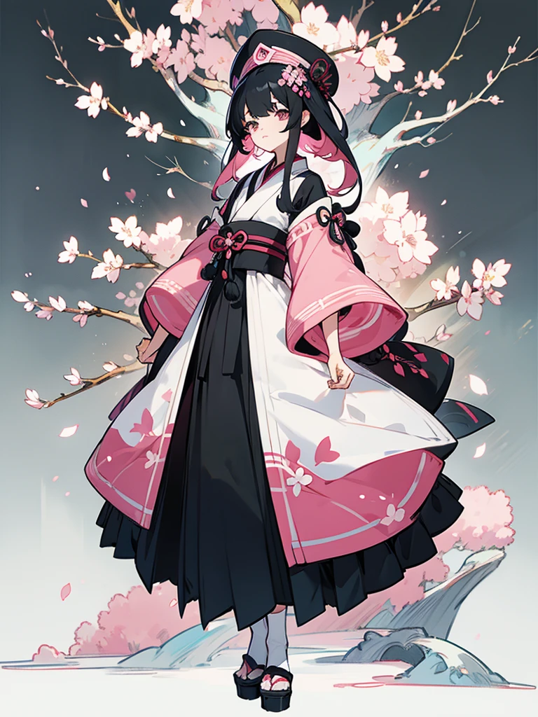 best quality, character design sheet, woman、No hat on, Black and pink hair, whole body, Head to Toe, Fortuneteller、Standing facing forward, Beautiful black dress, long Black Hair, whole body, Pure white background, from front, best quality, Standing pose、Cherry blossom pattern、adult、Japanese、Clear eyes、Adult Japanese、Clear eyes、Standing facing forward、The face is facing forward