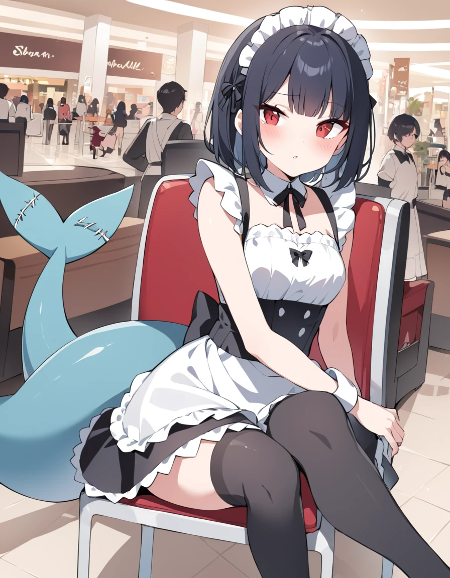 a red-eyed woman with short black hair, wearing a maid uniform, black stockings, shark tail，Sitting on a chair in the mall