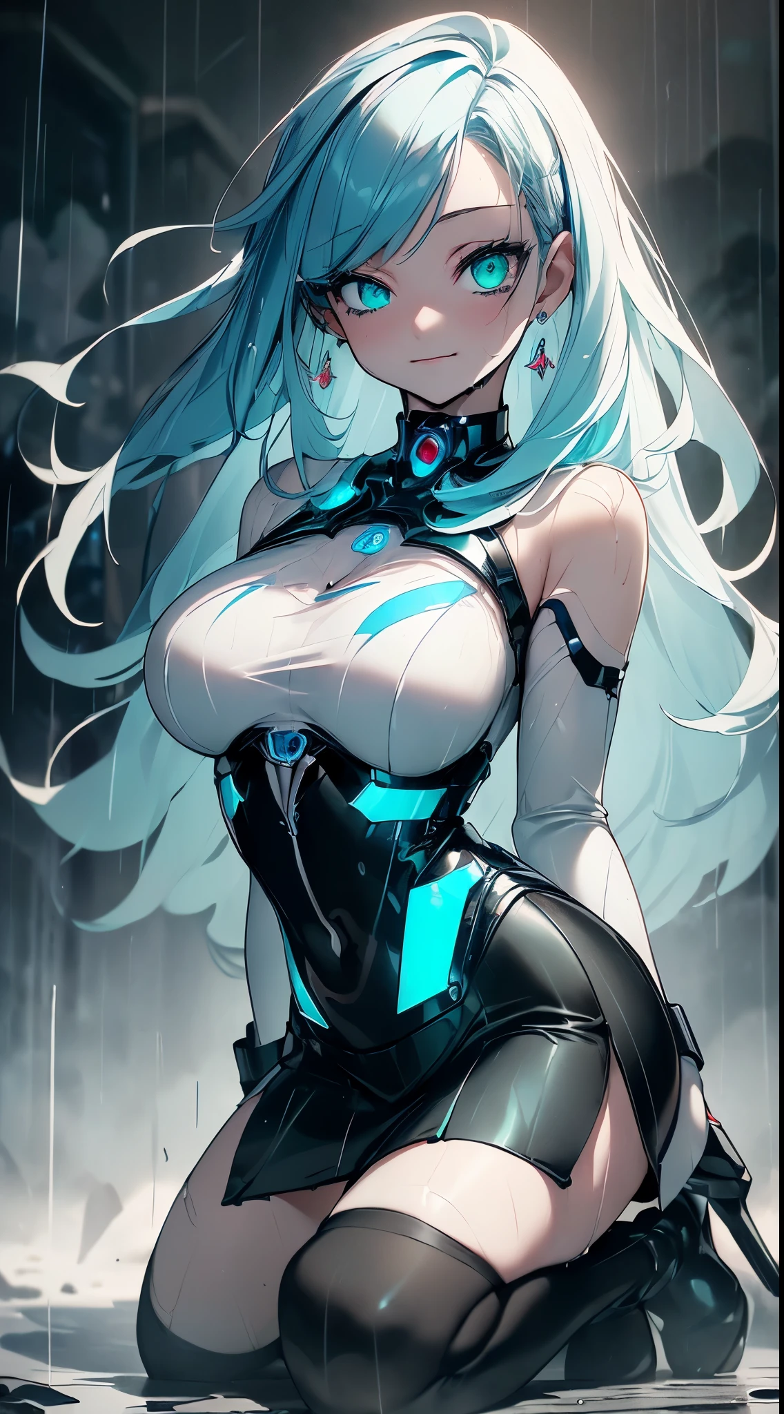 top-quality、Top image quality、​masterpiece、Android Girl((sixteen years old,Body full of scars、Broken cybersuit glowing black, red and white、Blue energy source for the chest,Best Bust、Bust 90、Light blue shiny hair、Longhaire,Cyber Skirt、Blue-green eyes、open chest wide、Valley、Happiness、A slender、the whole body is wet、Fall to the floor、Kneeling)）hiquality、Beautiful Art、Background with((Magical Night City、Very heavy rain))、masutepiece、Elaborate design、visualart、Theatrical films