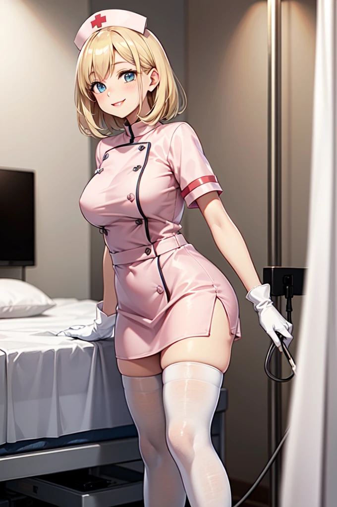 1woman, solo, nurse, white nurse cap, white nurse uniform, ((white legwear, zettai ryouiki)), white gloves, blonde hair, blue eyes, pink lips, smile, standing, ((hospital room)), sharp outline, short sleeves, mature female, 35 years old, best quality, masterpiece
