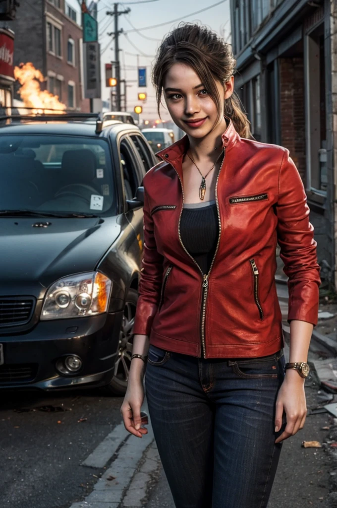 1girl, (realistic),(hyperrealism),(best quality),(masterpiece),(ultra high res),(photorealistic),idol,eye makeup,detailed eyes,detailed face,black dress, claireredfield2, brown hair, (red jacket:1.2), ponytail, (denim pants:1.3),, red wristband,, abandoned street, burning cars in background, littered street, smoke, chaos, zombie apocalypse, daytime, sunny,, hands in pocket, looking at viewer, smiling, closeup shot