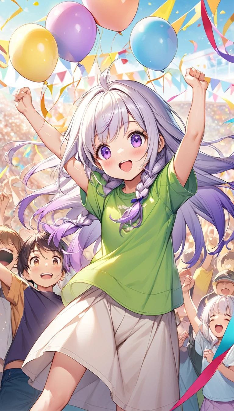 (Children's Day illustration), Two kids in casual sportswear cheering with hands raised on football field, yinji, Purple Hair, Purple Eyes, Long hair, White hair, Double braid, Gradient hair, Bright and warm, There are streamers and balloons everywhere., Crowd cheering. Characters make up only a small part of the picture.